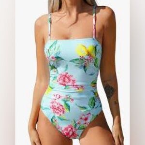 Cupshe Floral Print One Piece Swimsuit - Sky Blue, Pink, Lemon